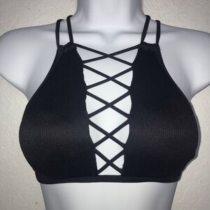 NWOT Well Fit Lace Up Black Ribbed Bikini Top XS